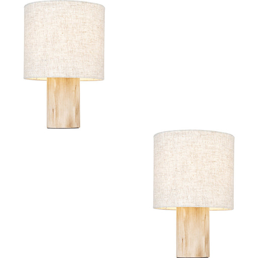 2 PACK Natural Eucalyptus Wood Table Lamp - Natural Linen Shade - 300mm Tall Light - 10W LED E27