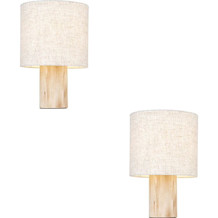 2 PACK Natural Eucalyptus Wood Table Lamp - Natural Linen Shade - 300mm Tall Light - 10W LED E27