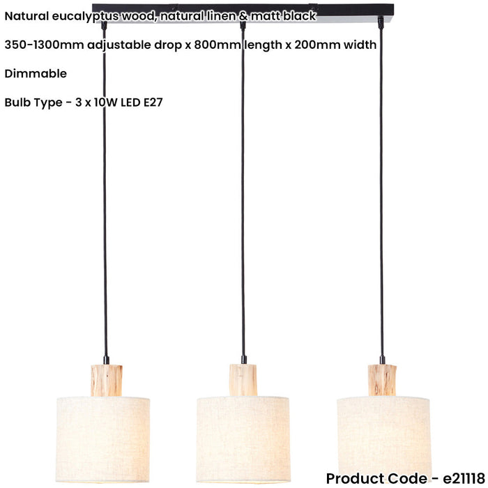 Hanging Ceiling Bar Pendant Light - Natural Eucalyptus Wood Natural Linen & Matt Black - 3 X 10W LED E27