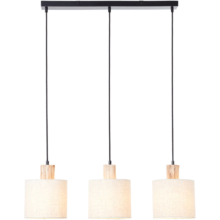 Hanging Ceiling Bar Pendant Light - Natural Eucalyptus Wood Natural Linen & Matt Black - 3 X 10W LED E27