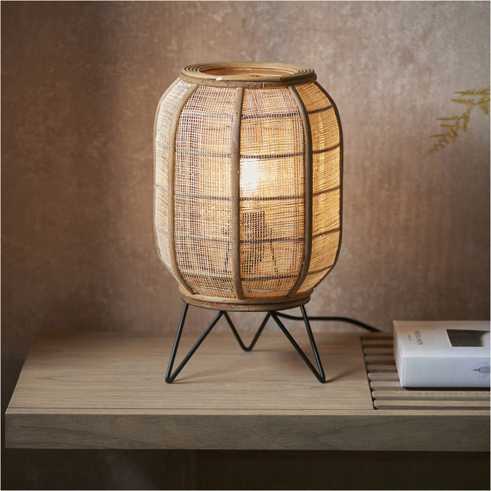 Natural Linen & Natural Bamboo Table Lamp - Matt Black Shade - 335mm Tall Light - 10W LED E27