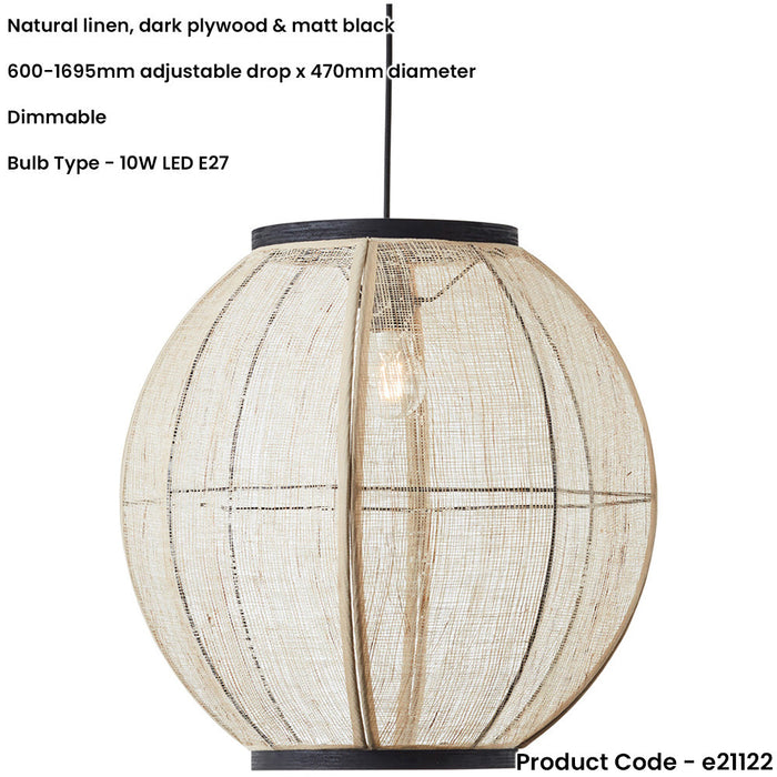 Hanging Ceiling Pendant Light - Large Natural Linen Dark Plywood & Matt Black - 10W LED E27