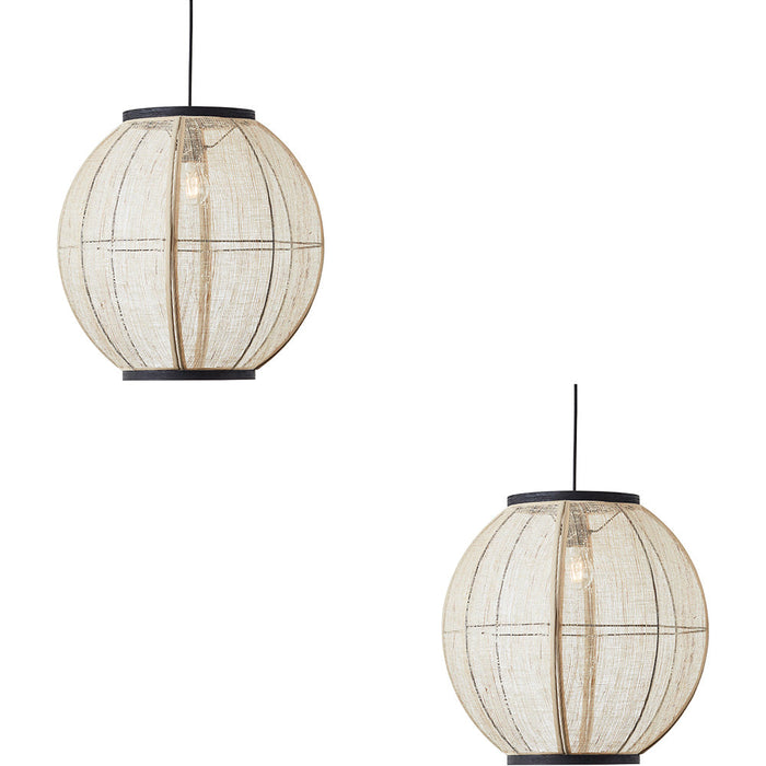 2 PACK Hanging Ceiling Pendant Light - Large Natural Linen Dark Plywood & Matt Black - 10W LED E27