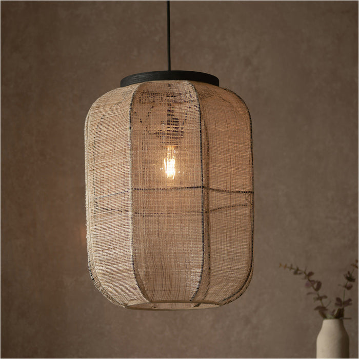 2 PACK Hanging Ceiling Pendant Light - Medium Natural Linen Dark Plywood & Matt Black - 10W LED E27