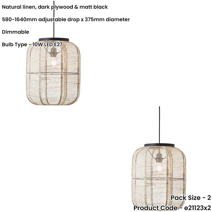 2 PACK Hanging Ceiling Pendant Light - Medium Natural Linen Dark Plywood & Matt Black - 10W LED E27