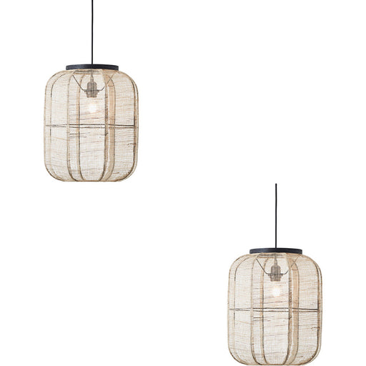 2 PACK Hanging Ceiling Pendant Light - Medium Natural Linen Dark Plywood & Matt Black - 10W LED E27