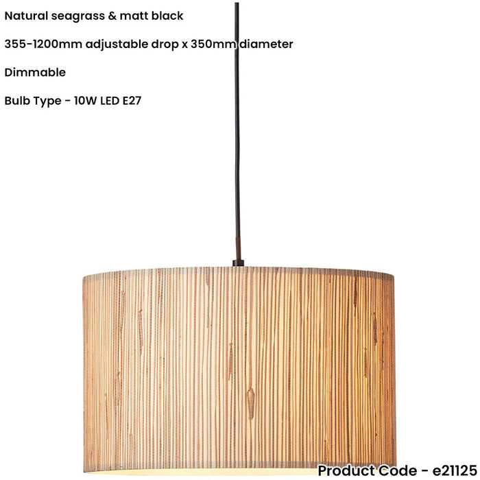 Ceiling Pendant Lamp & 2x Matching Wall Lights - Dimmable Natural Seagrass Drum Shades