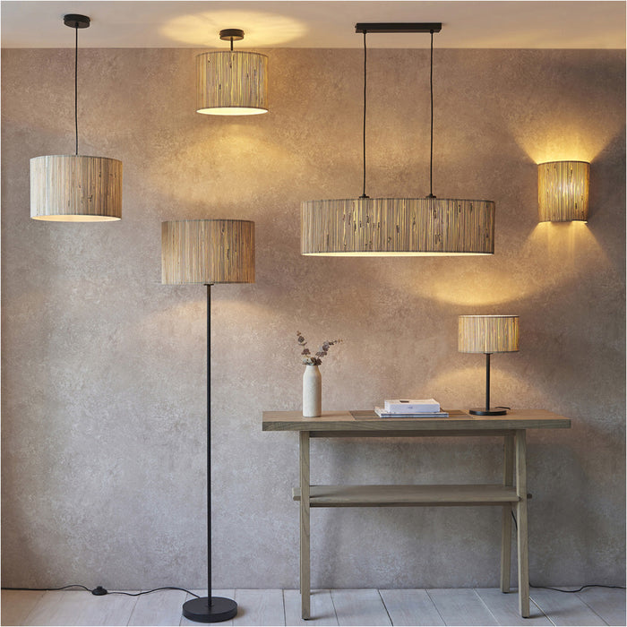 Ceiling Pendant Lamp & 2x Matching Wall Lights - Dimmable Natural Seagrass Drum Shades