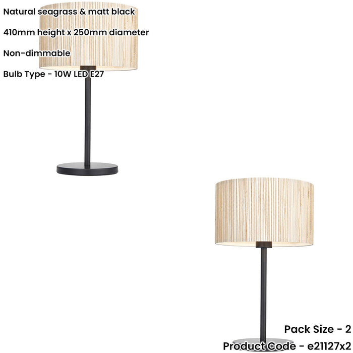 2 PACK Natural Seagrass Table Lamp - Matt Black Shade - 410mm Tall Light - 10W LED E27