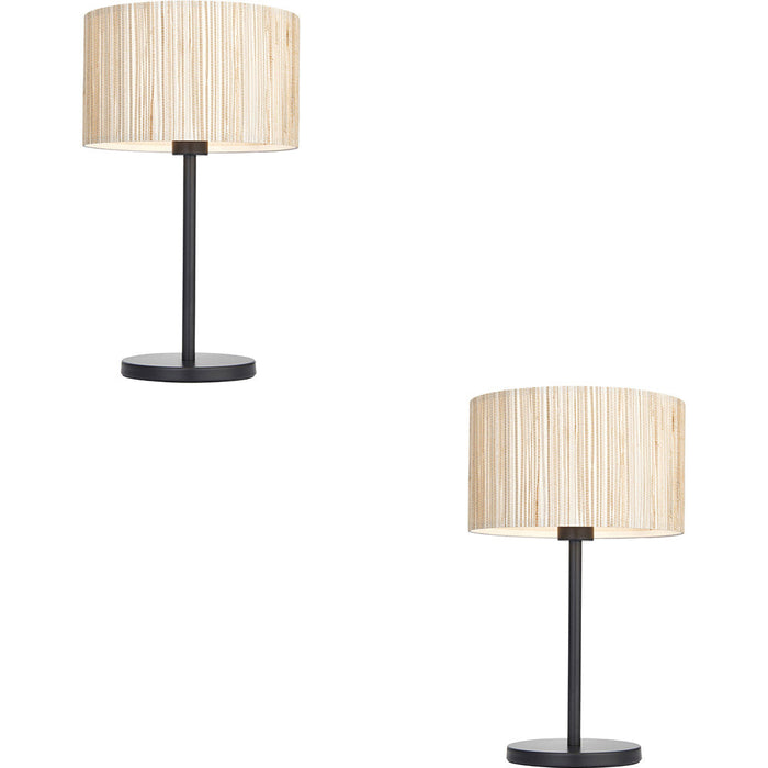 2 PACK Natural Seagrass Table Lamp - Matt Black Shade - 410mm Tall Light - 10W LED E27