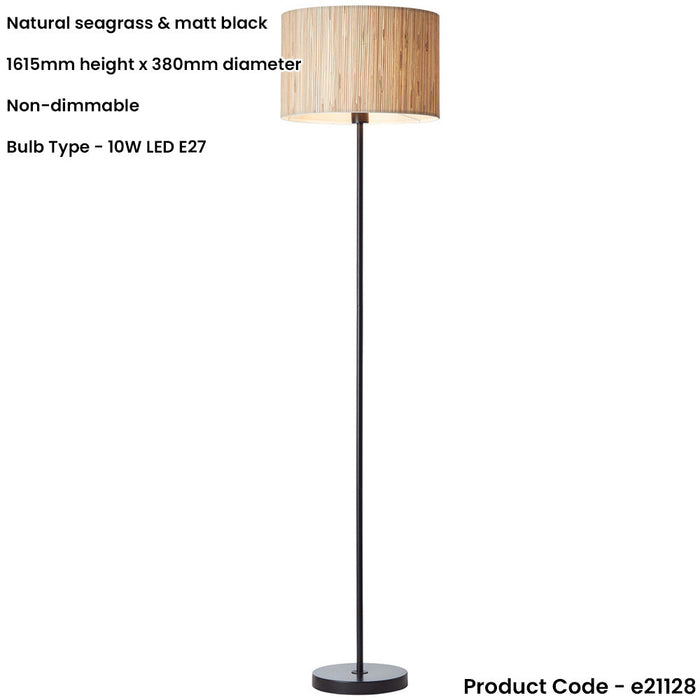 Standing Floor & Table Lamp Set - Natural Seagrass Drum Shades & Matt Black Metal Stands