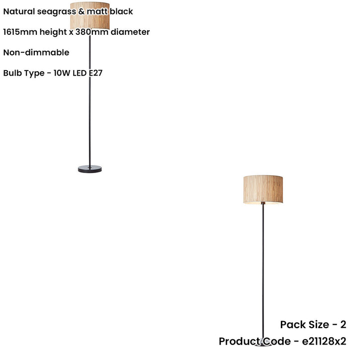 2 PACK 1615mm Floor Lamp - Natural Seagrass & Matt Black Trendy Woven Texture - Standing LED Light Base & Shade