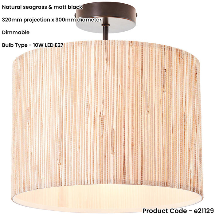 Semi Flush Ceiling Light & 2x Matching Wall Lights - Dimmable Natural Seagrass Drum Shades