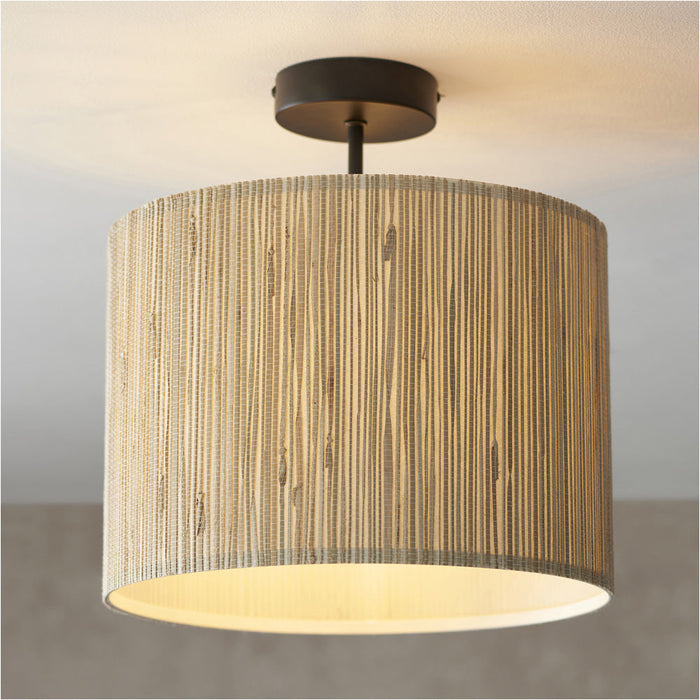 Semi Flush Ceiling Light & 2x Matching Wall Lights - Dimmable Natural Seagrass Drum Shades