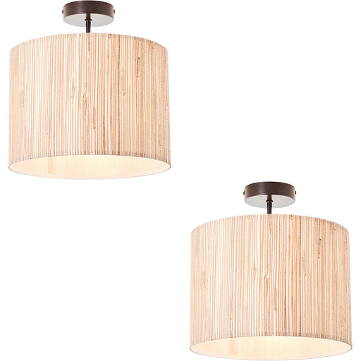 2 PACK Natural Seagrass Matt Black Semi Flush Low Ceiling Light - 10W LED E27