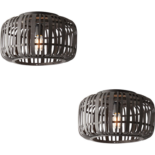 2 PACK Semi Flush Low Ceiling Light - Dark Bamboo & Matt Black - 10W Max LED E27