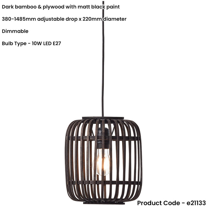 Hanging Ceiling Pendant Light - Dark Bamboo & Plywood With Matt Black Paint - 10W LED E27