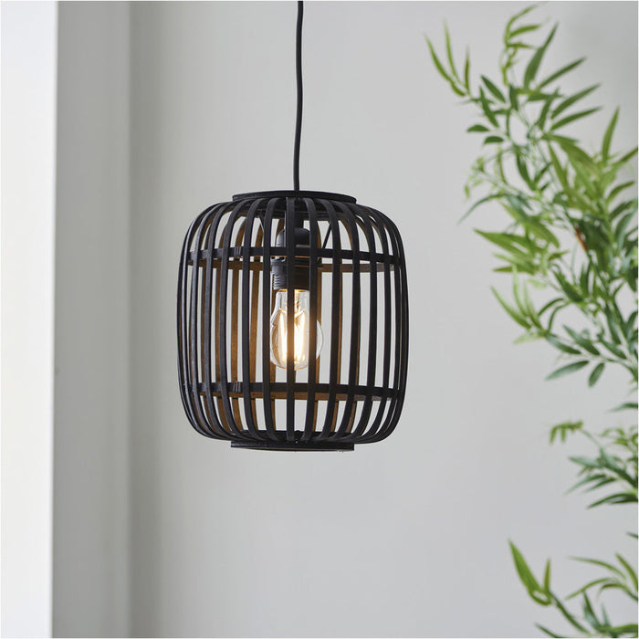 2 PACK Hanging Ceiling Pendant Light - Dark Bamboo & Plywood With Matt Black Paint - 10W LED E27