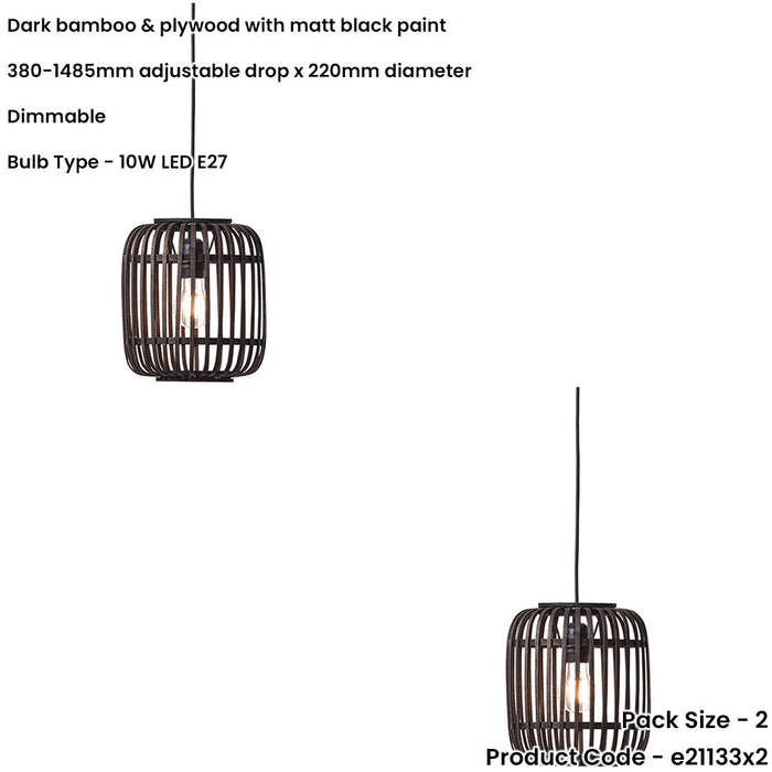 2 PACK Hanging Ceiling Pendant Light - Dark Bamboo & Plywood With Matt Black Paint - 10W LED E27