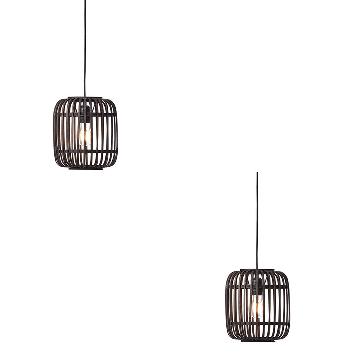 2 PACK Hanging Ceiling Pendant Light - Dark Bamboo & Plywood With Matt Black Paint - 10W LED E27