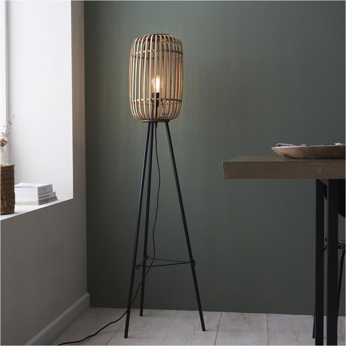 2 PACK 1280mm Floor Lamp - Natural Bamboo & Matt Black Simple Stylish Wood - Standing LED Light Base & Shade