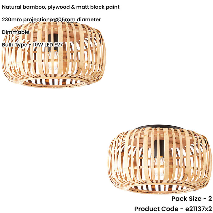 2 PACK Semi Flush Low Ceiling Light - Natural Bamboo & Matt Black - 10W Max LED E27