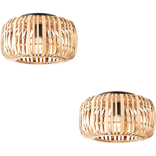 2 PACK Semi Flush Low Ceiling Light - Natural Bamboo & Matt Black - 10W Max LED E27