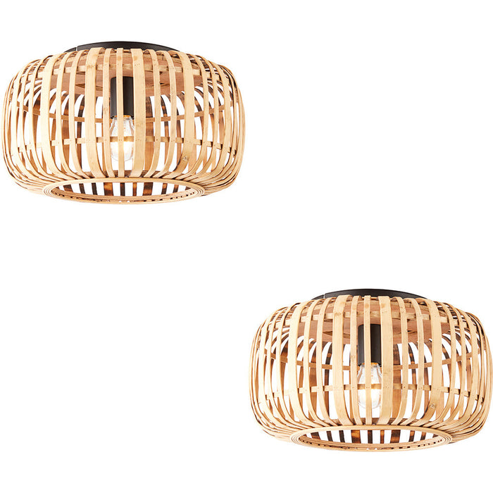 2 PACK Semi Flush Low Ceiling Light - Natural Bamboo & Matt Black - 10W Max LED E27