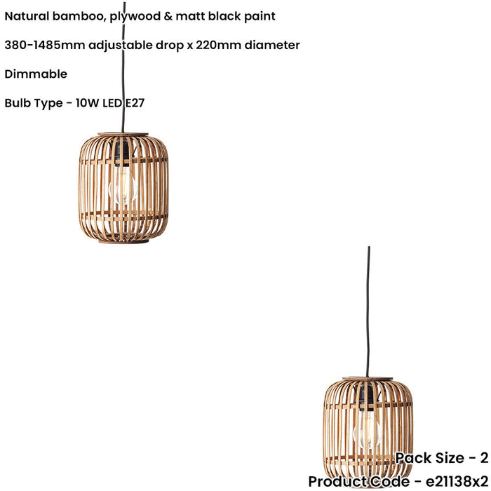 2 PACK Hanging Ceiling Pendant Light - Natural Bamboo Plywood & Matt Black Paint - 10W LED E27