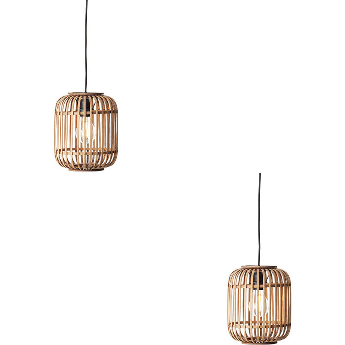 2 PACK Hanging Ceiling Pendant Light - Natural Bamboo Plywood & Matt Black Paint - 10W LED E27