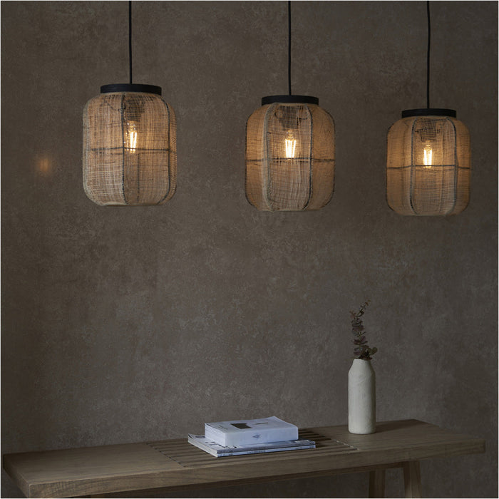 2 PACK Hanging Ceiling Pendant Light - Natural Linen Dark Plywood & Matt Black - 3 X 10W LED E27