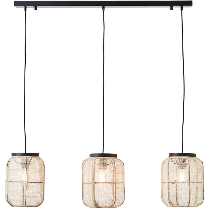 Hanging Ceiling Pendant Light - Natural Linen Dark Plywood & Matt Black - 3 X 10W LED E27