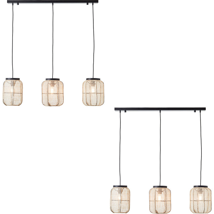 2 PACK Hanging Ceiling Pendant Light - Natural Linen Dark Plywood & Matt Black - 3 X 10W LED E27