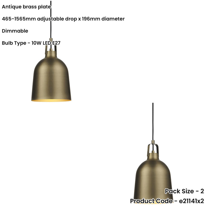 2 PACK Hanging Ceiling Pendant Light - Antique Brass Plate - 10W LED E27