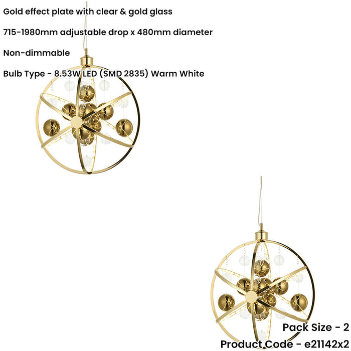 2 PACK Hanging Ceiling Pendant Light - Gold Effect Plate With Clear & Gold Glass - 8.53W LED (Smd 2835) Warm White