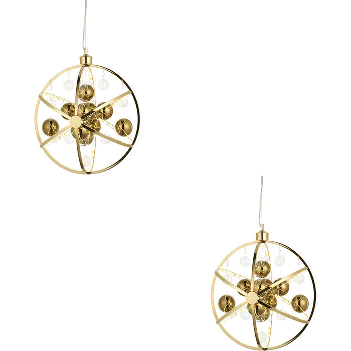 2 PACK Hanging Ceiling Pendant Light - Gold Effect Plate With Clear & Gold Glass - 8.53W LED (Smd 2835) Warm White