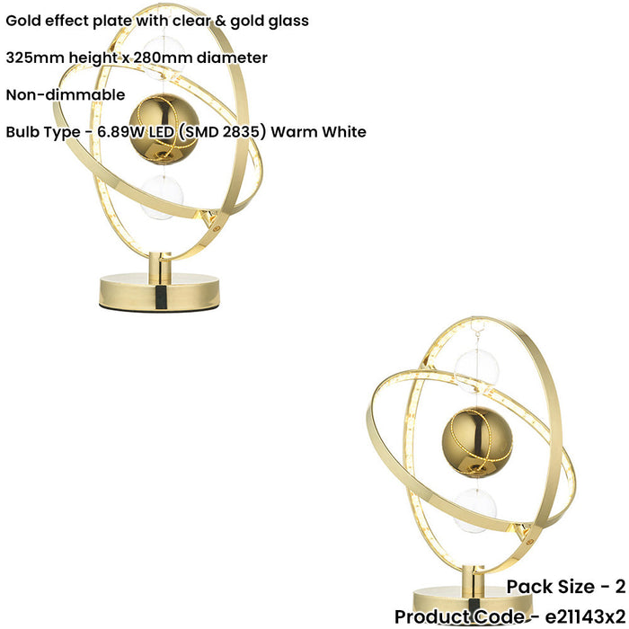 2 PACK Gold Effect Plate With Clear Table Lamp - Gold Glass Shade - 325mm Tall Light - 6.89W LED (Smd 2835) Warm White