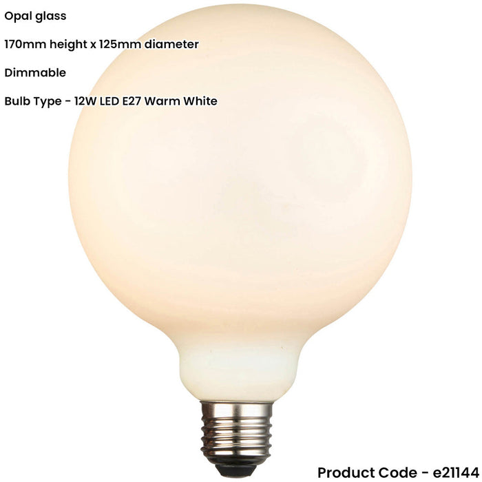 Opal Glass 12W E27 G125 LED Light Bulb - Dimmable Warm White - 1400lm 3000k