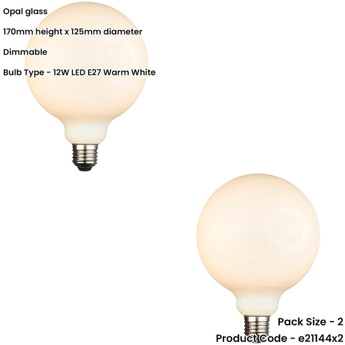 2 PACK Opal Glass 12W E27 G125 LED Light Bulb - Dimmable Warm White - 1400lm 3000k