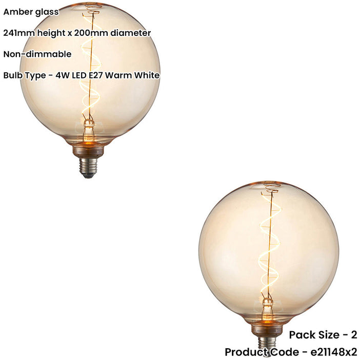 2 PACK Amber Glass 4W E27 LED Light Bulb - Spiral Design - Non-dimmable Warm White - 320lm 2000k