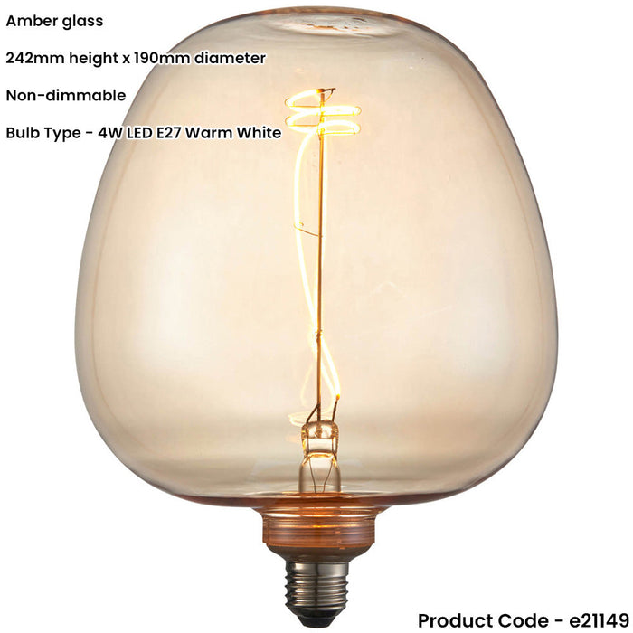 Amber Glass 4W E27 LED Light Bulb - Non-dimmable Warm White - 320lm 2000k