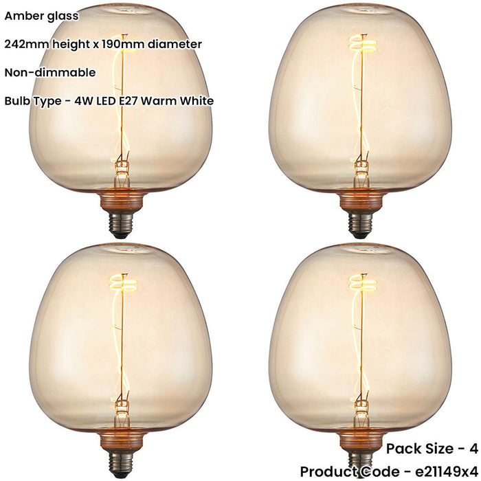 4 PACK Amber Glass 4W E27 LED Light Bulb - Non-dimmable Warm White - 320lm 2000k