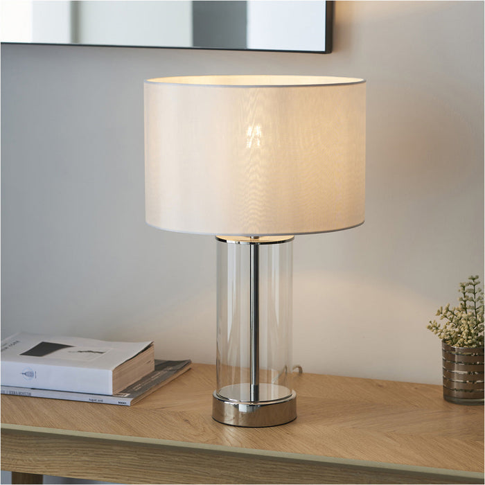 Bright Nickel Plate & Clear Glass Table Lamp - Vintage White Fabric - 440mm Dimmable Tall Light