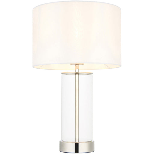 Bright Nickel Plate & Clear Glass Table Lamp - Vintage White Fabric - 440mm Dimmable Tall Light