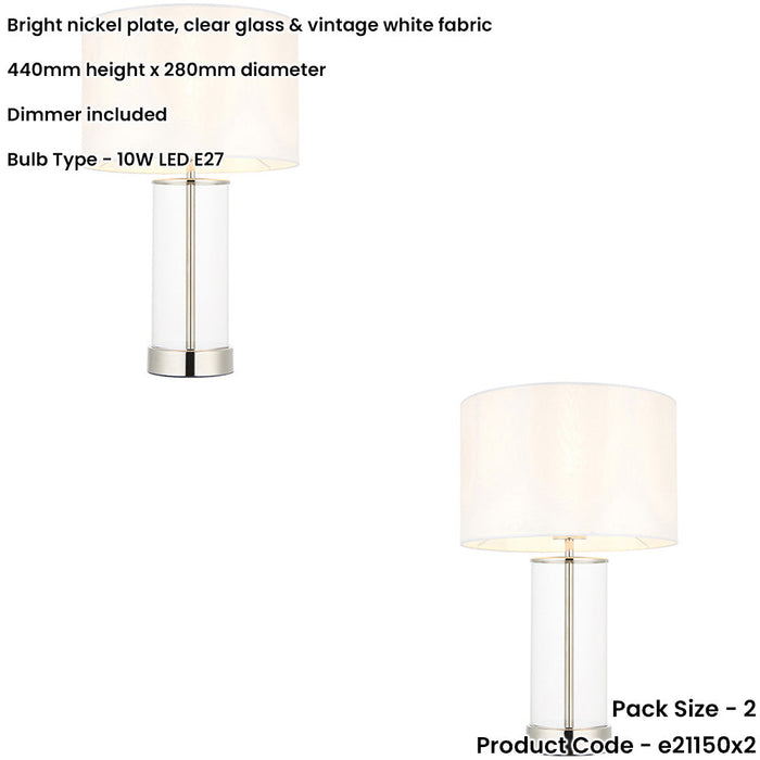 2 PACK Bright Nickel Plate & Clear Glass Table Lamp - Vintage White Fabric - 440mm Dimmable Tall Light