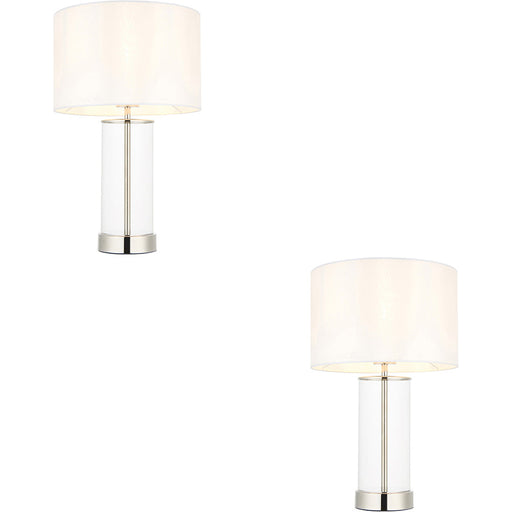 2 PACK Bright Nickel Plate & Clear Glass Table Lamp - Vintage White Fabric - 440mm Dimmable Tall Light