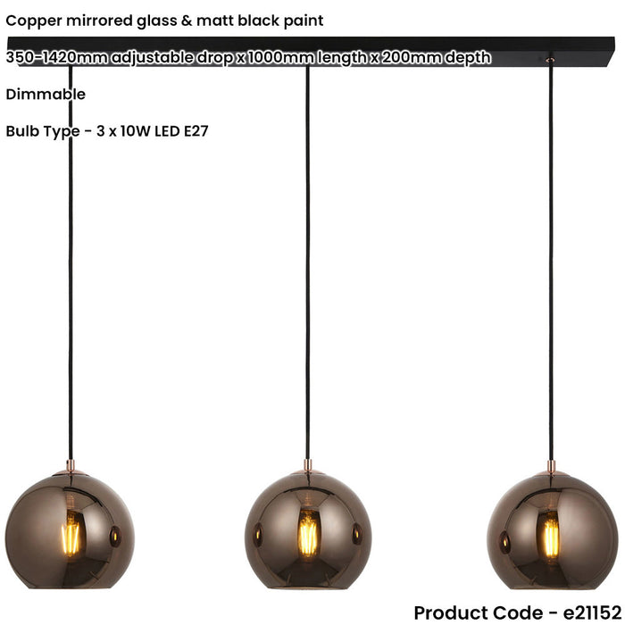 Hanging Ceiling Pendant Light - Copper Mirrored Glass & Matt Black Paint - 3 X 10W LED E27