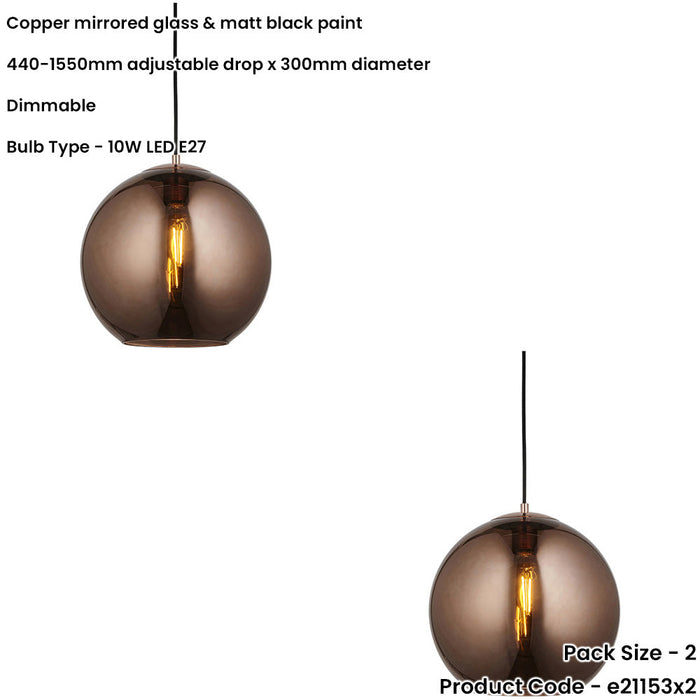 2 PACK Hanging Ceiling Pendant Light - Copper Mirrored Glass & Matt Black Paint - 10W LED E27