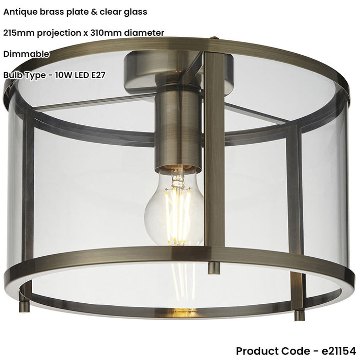 Semi Flush Low Ceiling Light - Antique Brass & Clear Glass - 10W Max LED E27