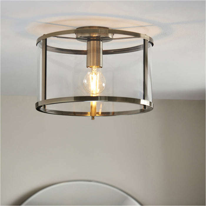 Semi Flush Low Ceiling Light - Antique Brass & Clear Glass - 10W Max LED E27